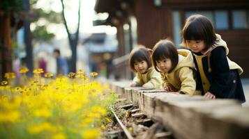 en liten asiatisk flickor försiktigt skötsel till henne växter.. generativ ai foto