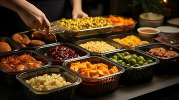 ai generativ. friska äter begrepp med annorlunda måltider i skålar på en svart bakgrund foto