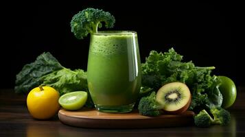 ai generativ. friska grön smoothie med grönkål, kiwi, äpple och broccoli på trä- bakgrund foto