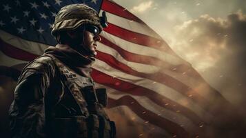 ai generativ. porträtt av soldat mot av amerikan flagga foto