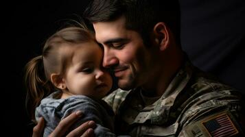 ai generativ. porträtt av ung soldat med hans liten dotter foto