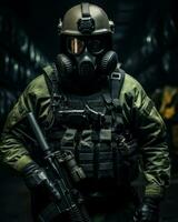 ett väpnad soldat bär en gas mask. generativ ai foto