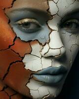 en kvinna med knäckt hud och måla på henne ansikte är avbildad i de bild.. generativ ai foto
