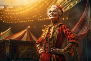 vig cirkus tält arena artist gammal kvinna. generera ai foto