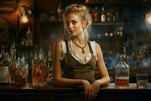 vibrerande kvinna bartender. generera ai foto
