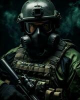 ett väpnad soldat bär en gas mask. generativ ai foto