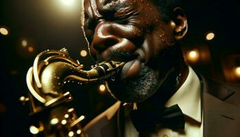 närbild av en medelålders svart man passionerat spelar en årgång saxofon, svettas blänkande på hans panna.. generativ ai foto