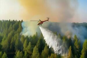 helikopter släppa vatten brand. generera ai foto