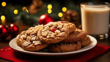 ai generativ. choklad chip småkakor på en tallrik med en glas av mjölk och jul dekoration foto