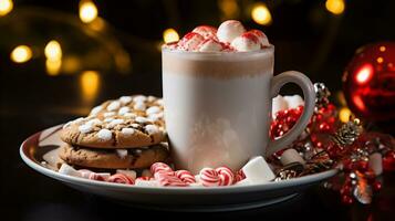 ai generativ. varm choklad med marshmallows och småkakor på en jul bakgrund foto