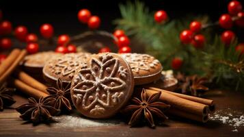 ai generativ. jul pepparkaka småkakor och kryddor på trä- bakgrund foto