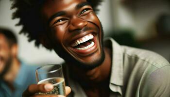 en närbild av en ung svart man skrattande hjärtligt som han aktier en sorglös skämt med vänner.. generativ ai foto