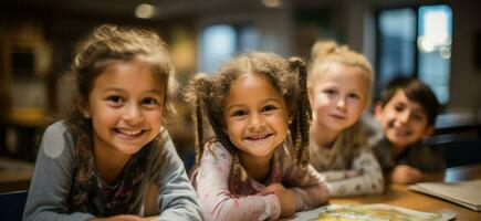 en närbild av en flicka med lockigt hår, leende med henne klasskamrater i de bakgrund.. generativ ai foto