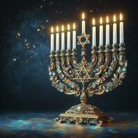 religion bild av jewish Semester hanukkah bakgrund med menora traditionell kandelaber och ljus foto