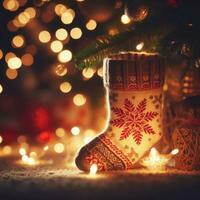 jul dekoration med brinnande ljus, pepparkaka hus, jul träd och bokeh bakgrund. foto