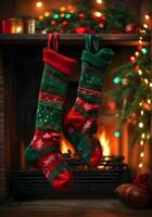 jul strumpor på de bakgrund av en brinnande öppen spis. jul och ny år begrepp foto