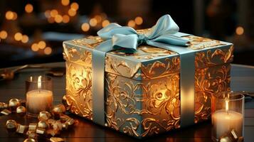 jul vinter- ny år festlig skön gåva låda och brinnande ljus foto