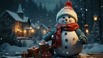 jul vinter- ny år Semester snögubbe står dekorerad på de snö på natt foto