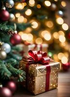 Foto av de jul träd och gåva lådor presenterar jul lampor Lycklig ny år