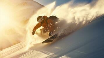 ai generativ vinter- extrem sporter Häftigt skott av snowboard i rörelse foto