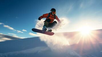 ai generativ vinter- extrem sporter Häftigt skott av snowboard i rörelse foto