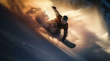 ai generativ vinter- extrem sporter Häftigt skott av snowboard i rörelse foto