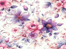 skön vår blommig sömlös mönster med blommor löv lila och rosa på vit bakgrund. hand dra foto