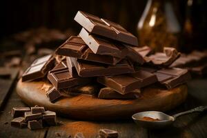mörk choklad barer och kakao pulver på trä- bakgrund ai genererad foto