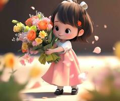 ai genererad söt liten flicka innehav en bukett av blommor i mödrar dag. internationell kvinnor dag. st. valentines dag begrepp. kopia Plats foto