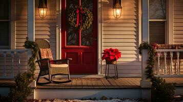 jul dekorationer på de veranda av en hus med en korg- stol ai generativ foto