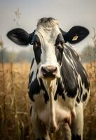 svart och vit ko stående i en fält av lång gräs ser direkt på de kamera ai generativ foto