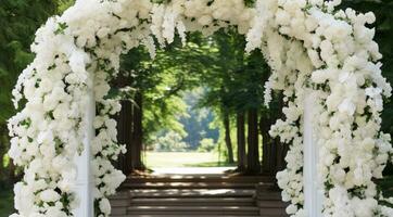 ai genererad utomhus- bröllop båge med blommor foto