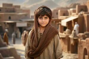 uppmärksam gammal arab by barn pojke. generera ai foto