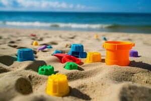 färgrik plast sand leksaker på sommar strand. generera ai foto