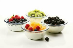 skål automatisk yoghurt tillverkare med ingrediens frukter. generera ai foto