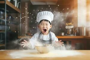 upphetsad kinesisk pojke matlagning. generera ai foto