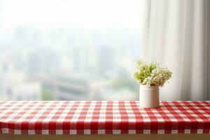 tömma tabell med röd och vit rutig bordsduk med blomma vas. generera ai foto
