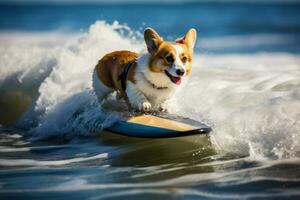 flytande corgi surfbräda. generera ai foto