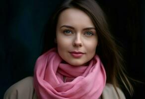 brunett kvinna porträtt med rosa scarf. generera ai foto