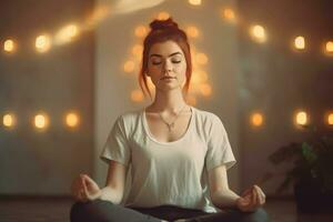 kvinna i meditation utgör på Hem. generera ai foto
