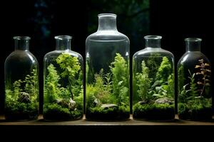 miljövänlig glas flaska med grön ekosystem. generera ai foto