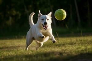 Lycklig hund spelar boll. generera ai foto