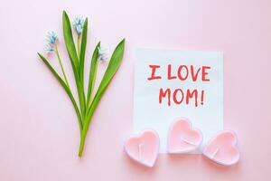 en bukett av vår blommor på rosa bakgrund Nästa till notera jag kärlek mamma foto