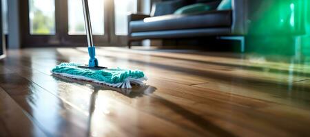 en mopp är rengöring en trä- golv. ai generativ foto