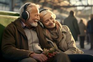 ett äldre par med hörlurar lyssnande till musik. ai generativ foto