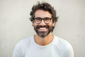 en man med glasögon och en skägg ler. ai generativ foto