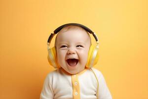 en bebis bär hörlurar och skrattande. ai generativ foto