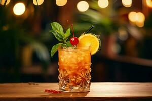 färsk mai tai cocktail med orange, körsbär och mynta på de bar disken. ai generativ foto