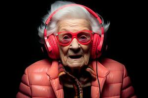 ett äldre kvinna bär hörlurar och en rosa jacka. ai generativ foto