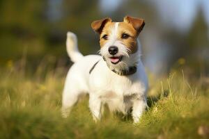 Lycklig domkraft russell terrier sällskapsdjur hund väntar, lyssnande i de gräs. ai genererad foto